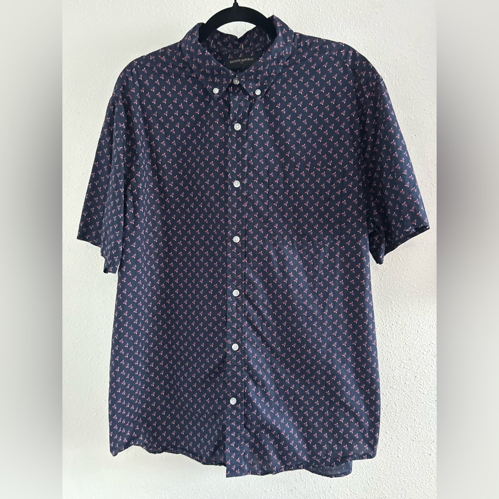 Banana Republic Navy Short-Sleeve Button-Down with Pink Geometric Print